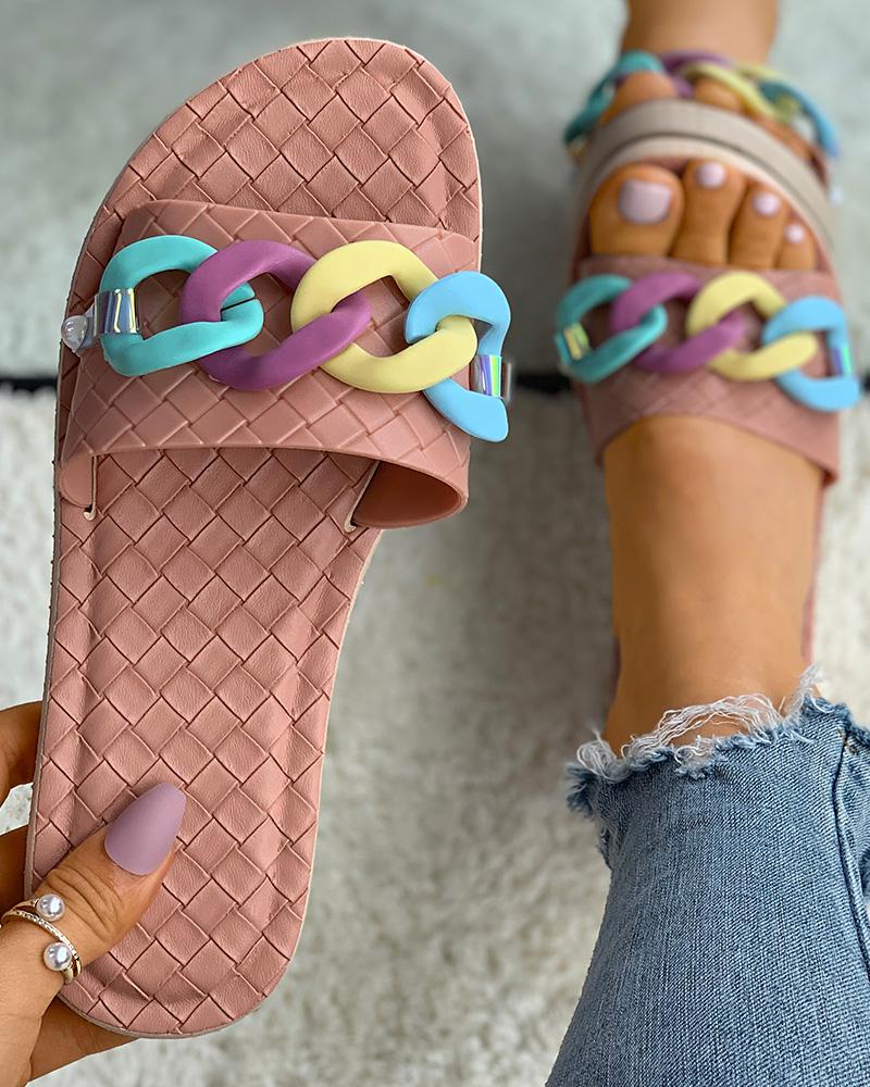 

Colorful Chain Decor Braided Slide Slipper, Pink