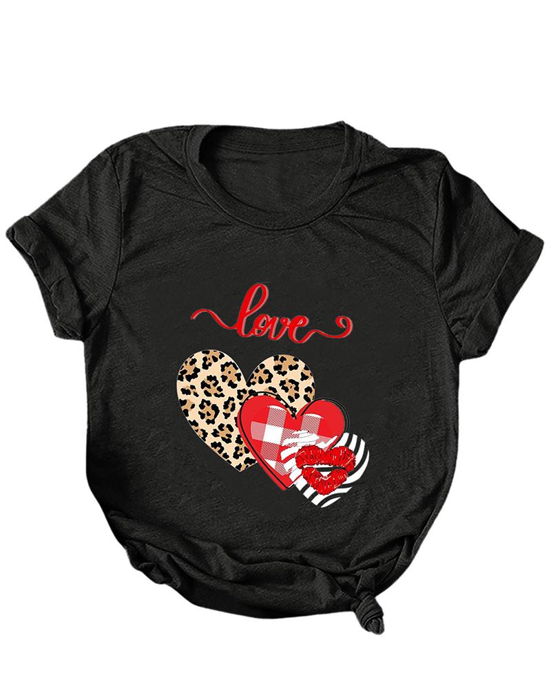 

Valentine's Day Plaid Heart Cheetah Print Short Sleeve T-shirt, Style2