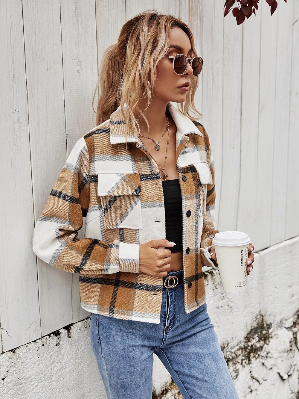 

Plaid Print Buttoned Pocket Design Shacket, Apricot