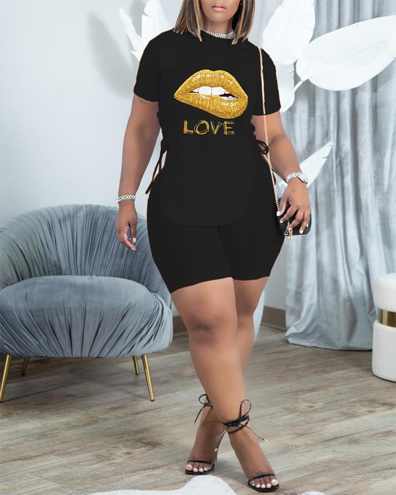 

Lip Letter Print Eyelet Lace-up Top & Shorts Set, Black