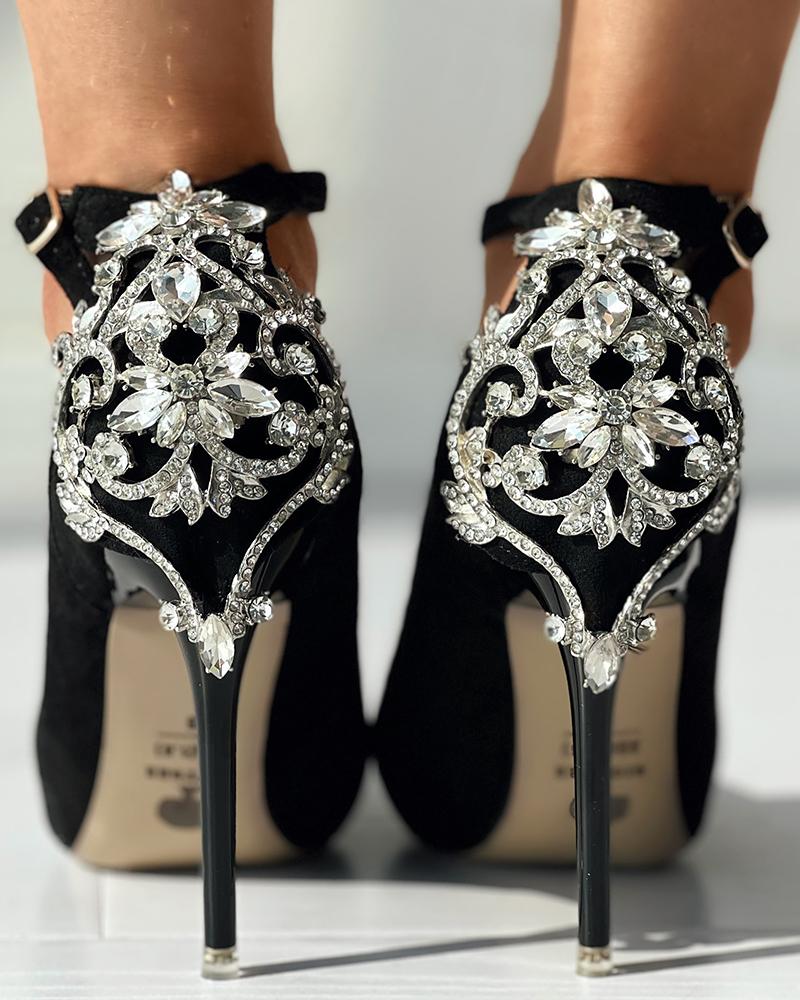 

Crystal Rhinestone Ankle Strap Stiletto Heel Pumps, Black