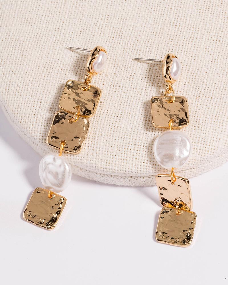

1Pair Asymmetrical Faux Pearl Metal Patch Drop Earrings, Gold