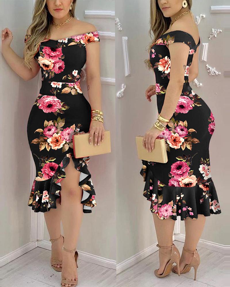 

Floral Print Ruffle Hem Split Mermaid Bodycon Dress, Black