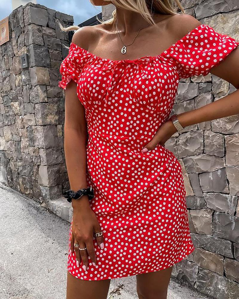 

Ditsy Floral Print Off Shoulder Drawstring Dress, Red
