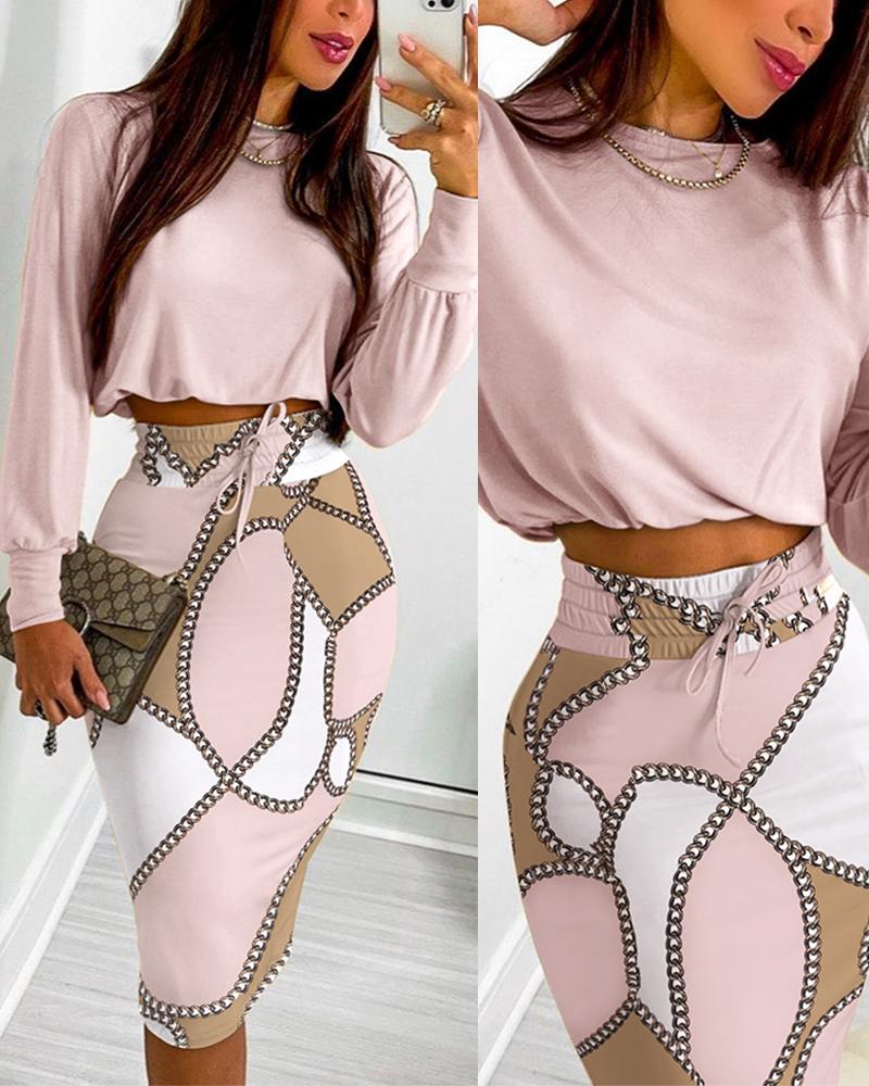 

Long Sleeve Top & Chain Print Colorblock Drawstring Shirred Skirt Set, Pink