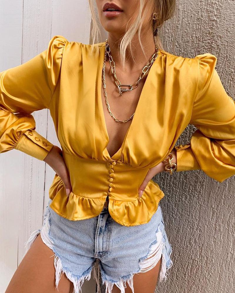 

Puff Lantern Sleeve Button Front Satin Top, Yellow
