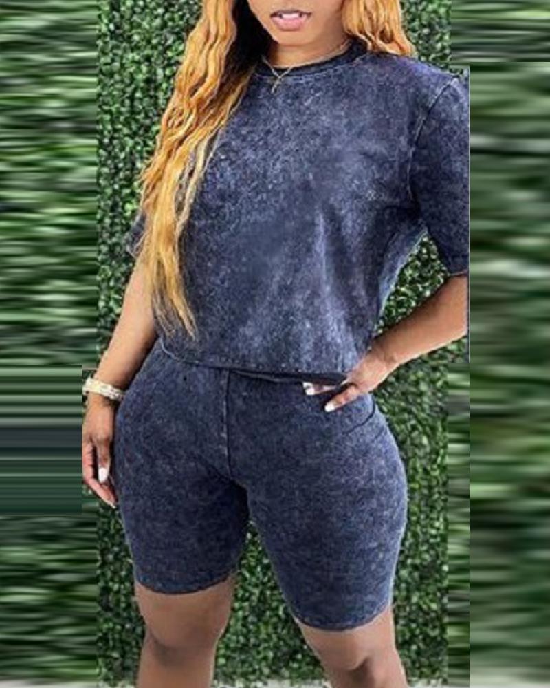 

Denim Look Casual Top & High Waist Shorts Set, Blue