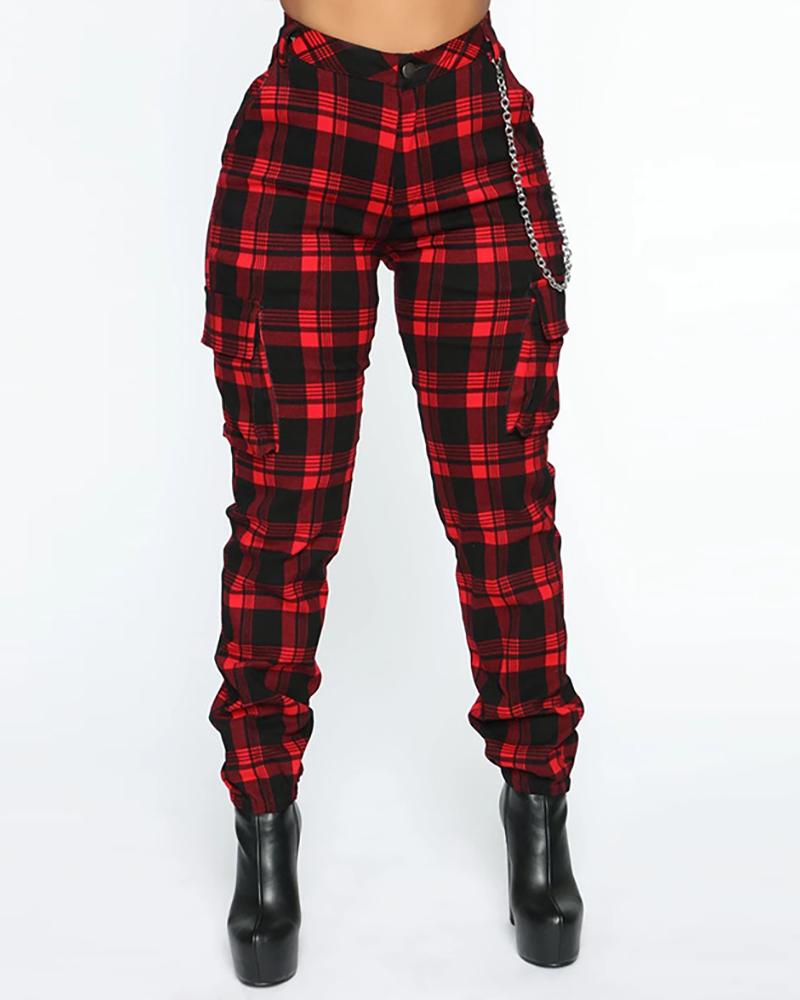 

High Waist Pocket Design Plaid Pants, Red