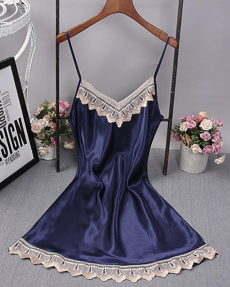 

Spaghetti Strap Lace Trim Satin Sleepwear Cami Dress, Dark blue