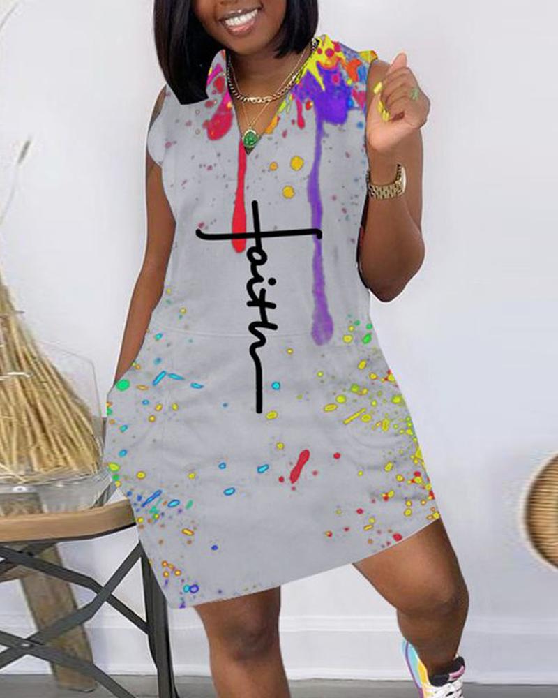

Ink Splash Letter Print Pocket Detail Casual Dress, Gray