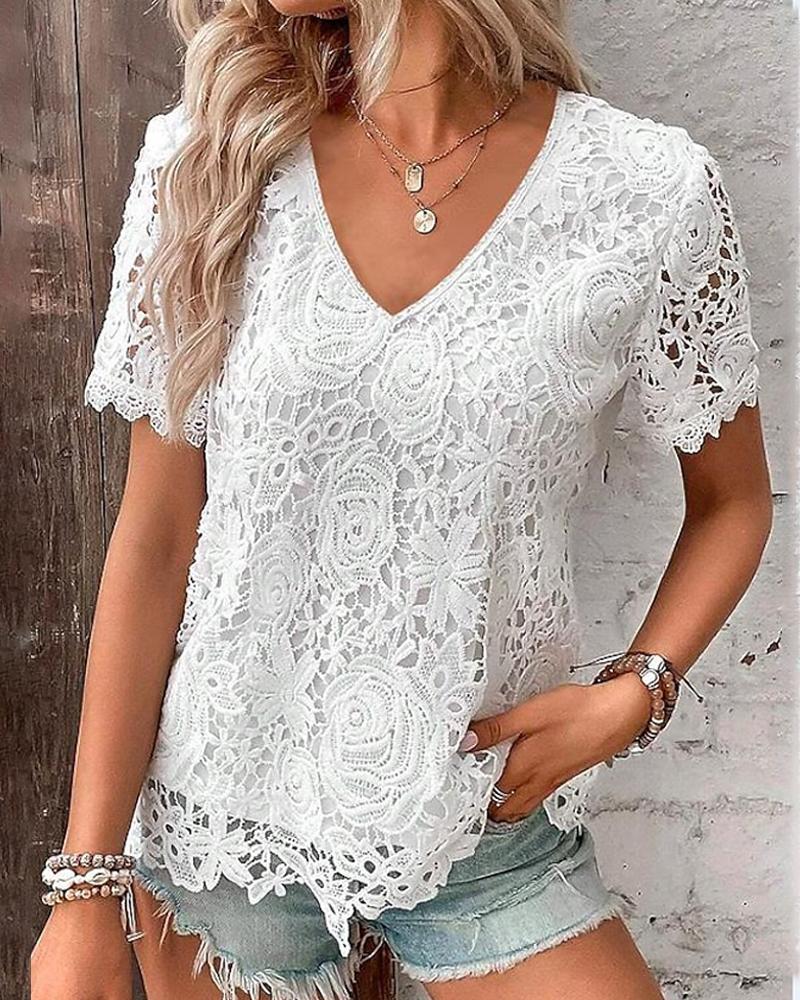 

Short Sleeve V-Neck Lace Top, White