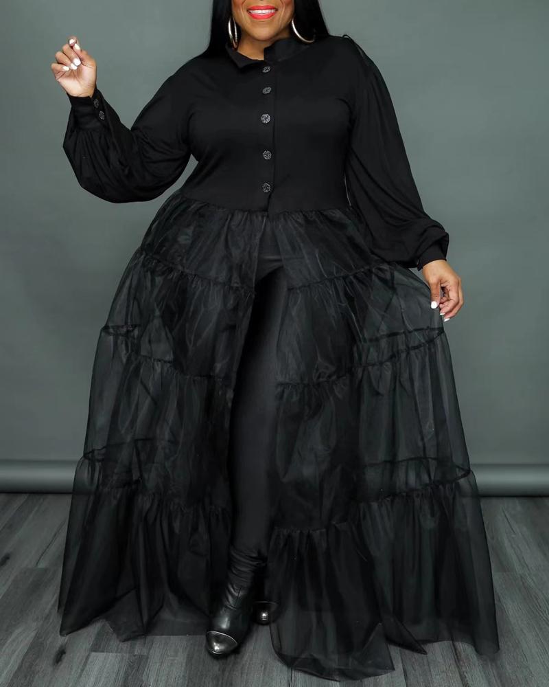

Plus Size Button Front Contrast Mesh Shirt Dress, Black