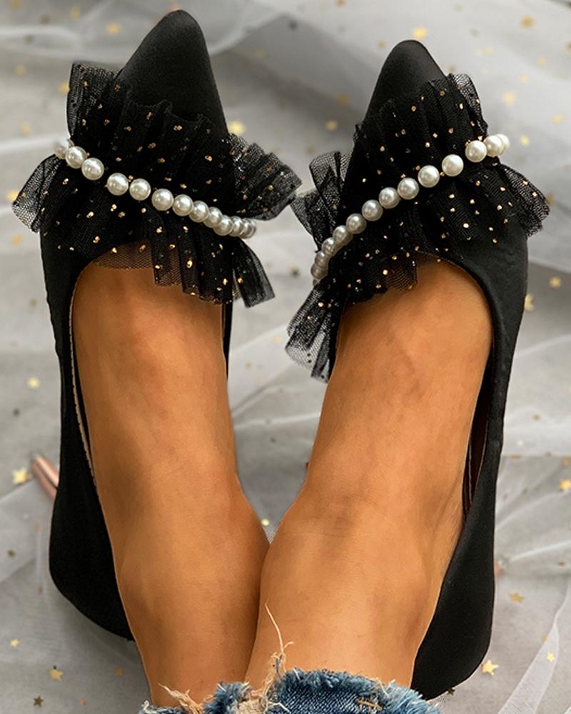 

Mesh Patch Beaded Pointed Toe Stiletto Heels, Black