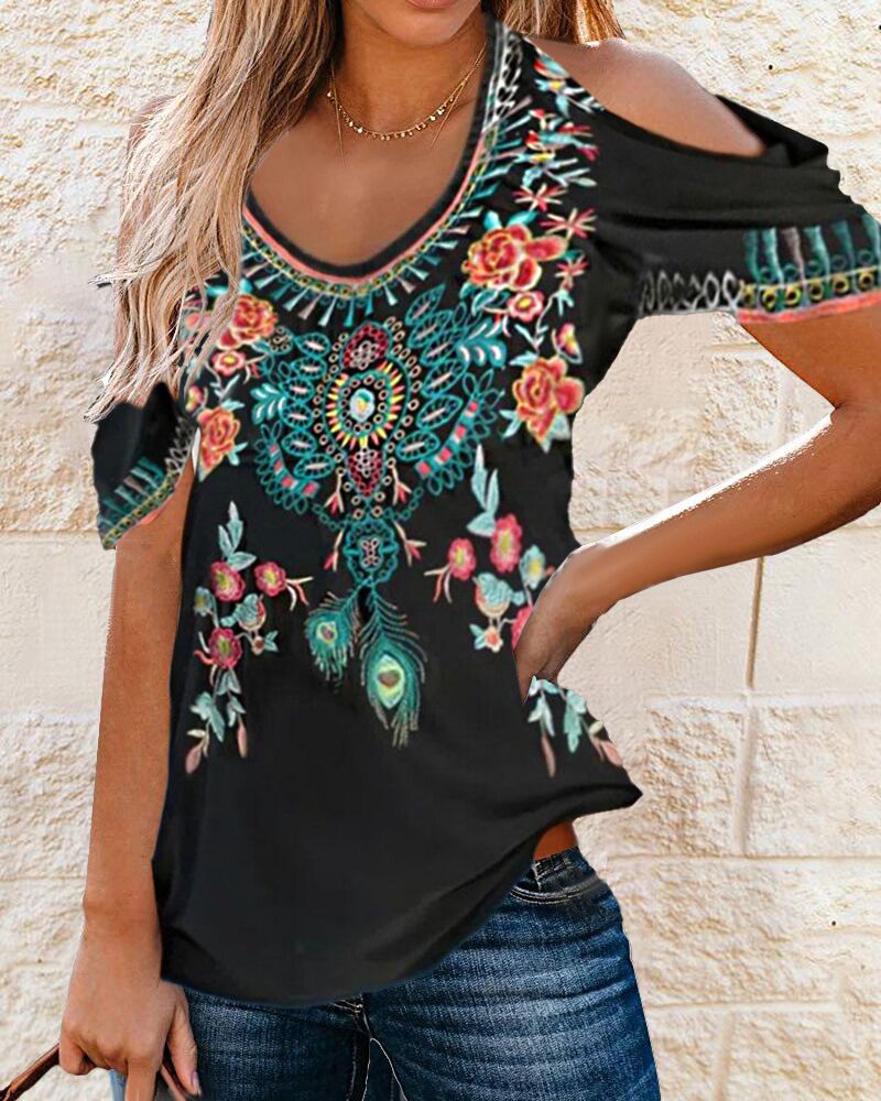 

Tribal Floral Print Cold Shoulder Top, Black