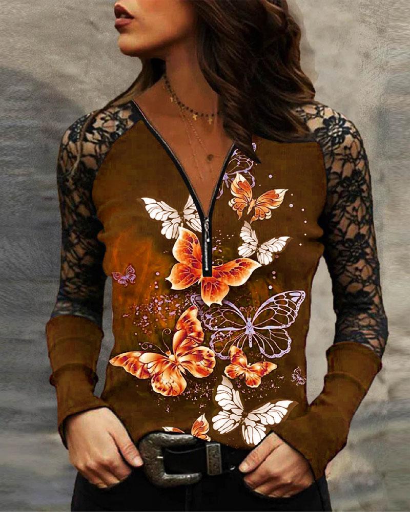 

Butterfly Print Contrast Lace Zip Front Top, Coffee