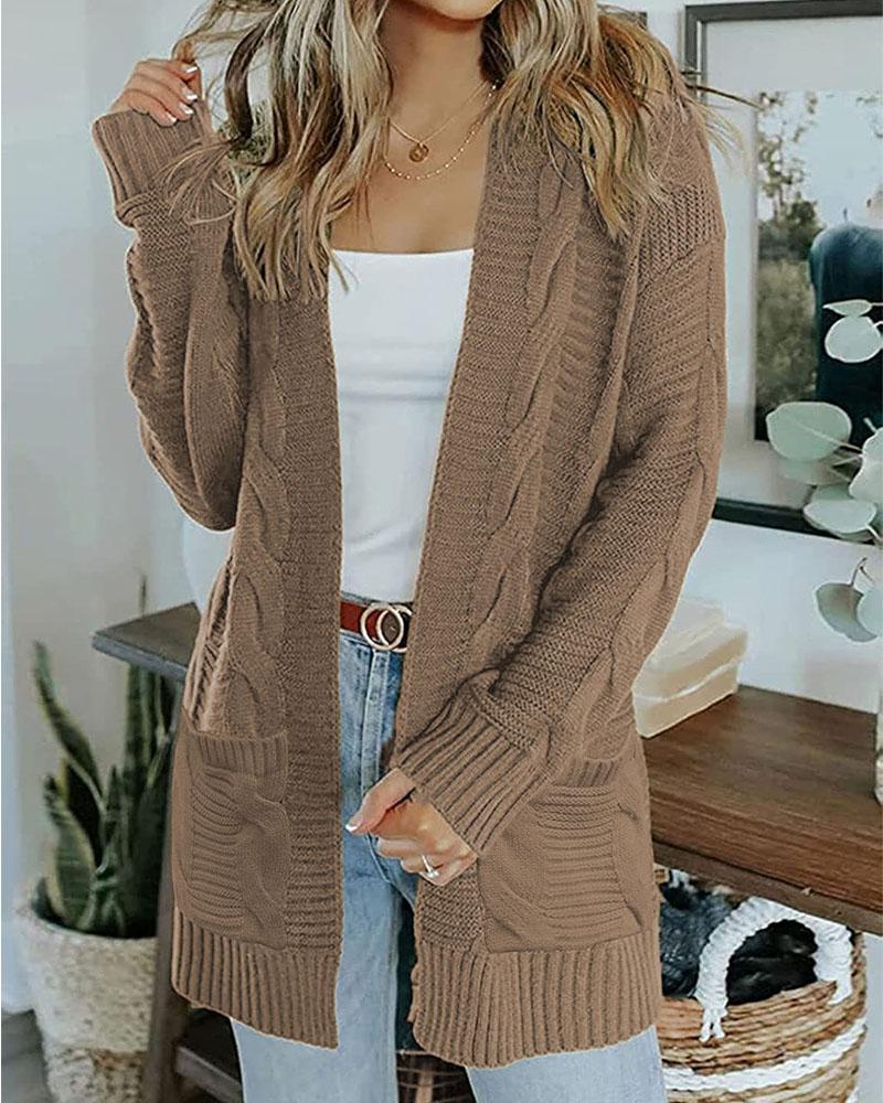 

Open Front Pocket Detail Cable Knit Cardigan, Khaki