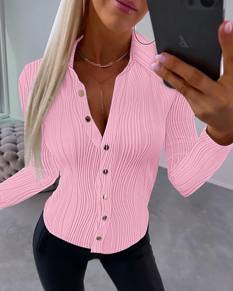 

Buttoned Long Sleeve Textured Top, Pink