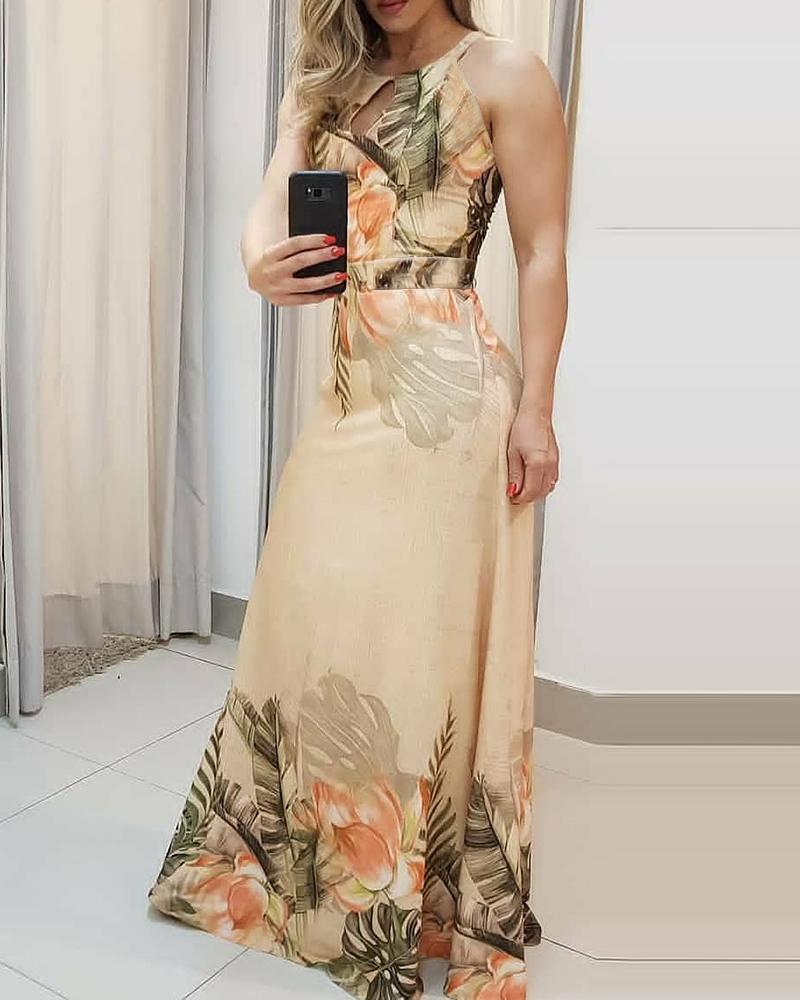 

Floral Print Sleeveless Cutout Maxi Dress, Multicolor