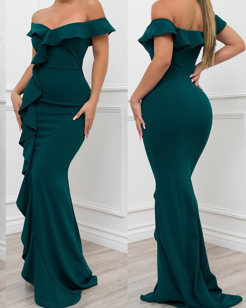 

Off Shoulder Ruffles Skinny Mermaid Dress, Green