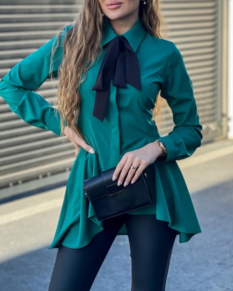 

Tie Neck Long Sleeve Asymmetrical Shirt, Green