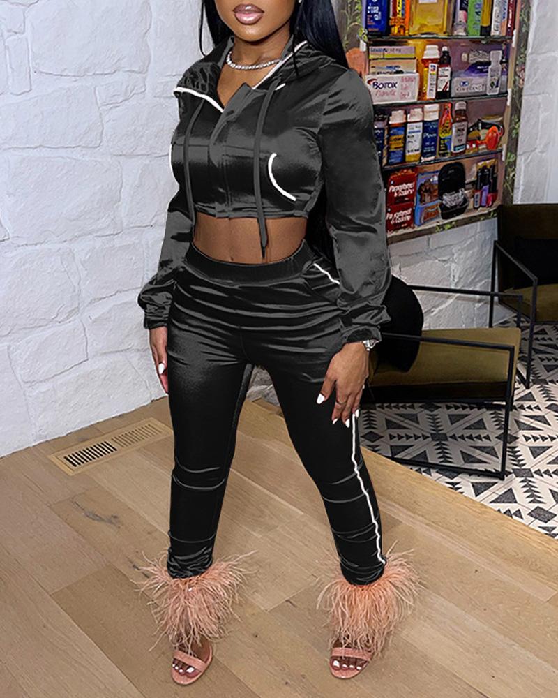 

Velvet Contrast Binding Zip Up Drawstring Crop Hoodie & Pants Set, Black
