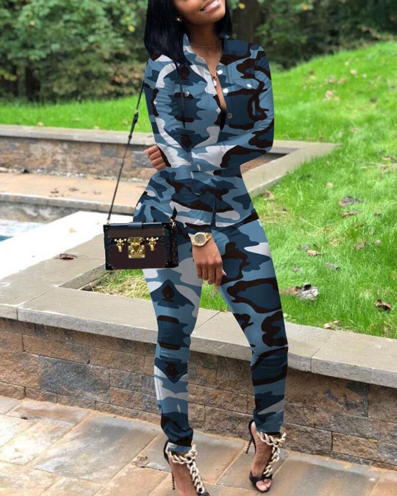 

Camouflage Print Pocket Design Top & Pants Set, Blue