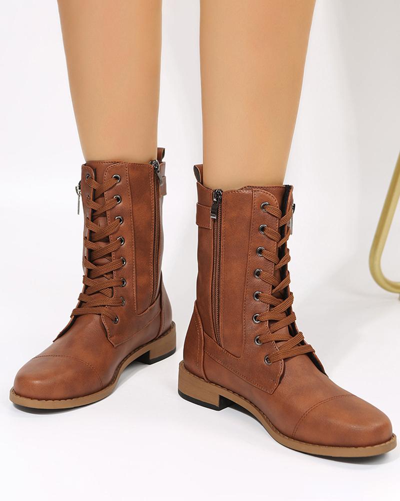 

Buckled Eyelet Lace-up Zipper Design Boots, Brown