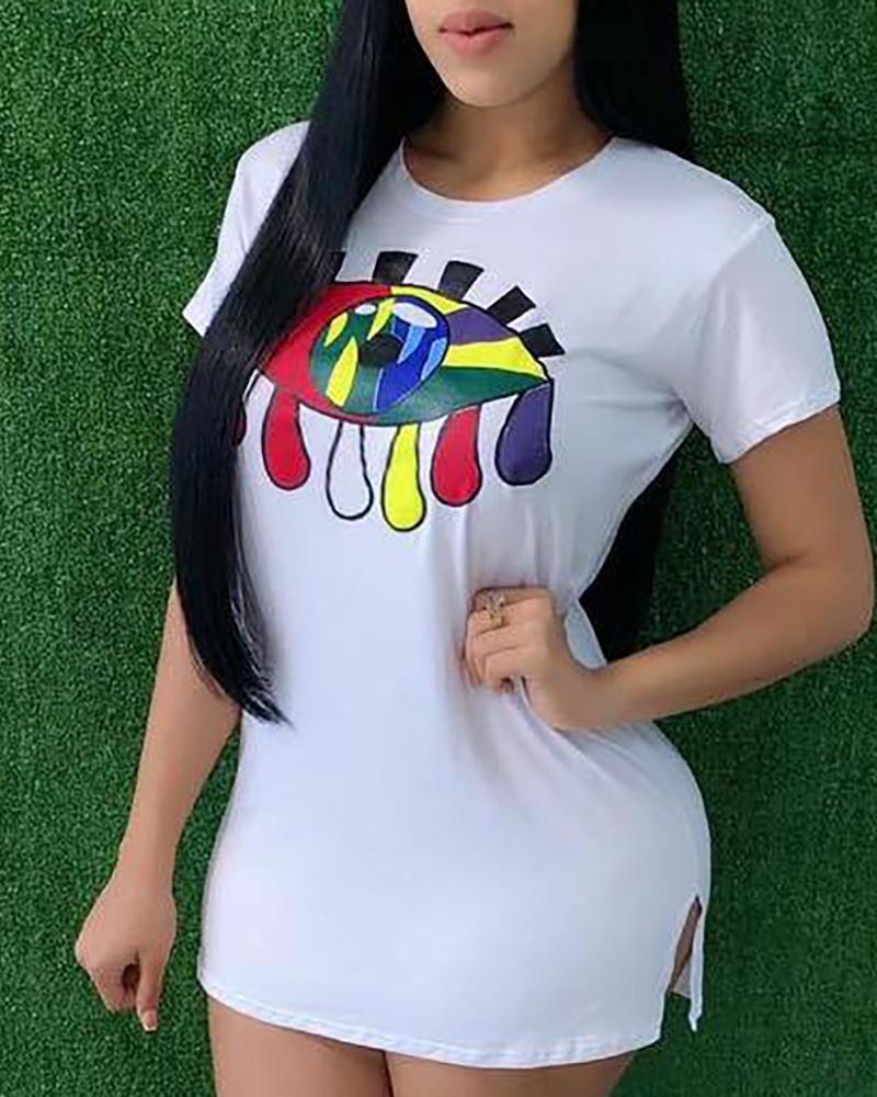 

Colorful Eye Pattern Casual T-Shirt Dress, White