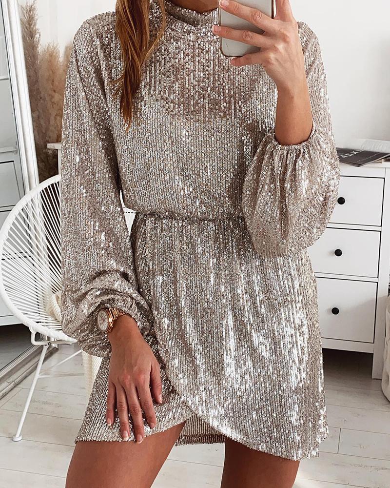 

Lantern Sleeve Wrap Sequin Dress, Silver