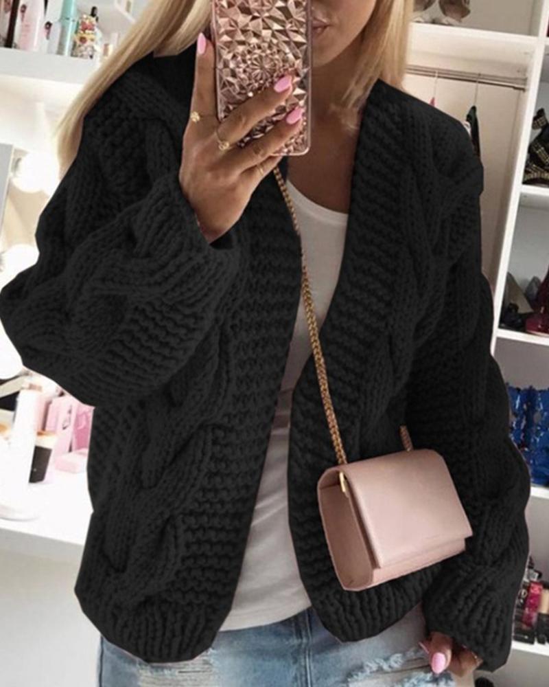 

Solid Long Sleeve Woven Knitted Loose Cardigans, Black