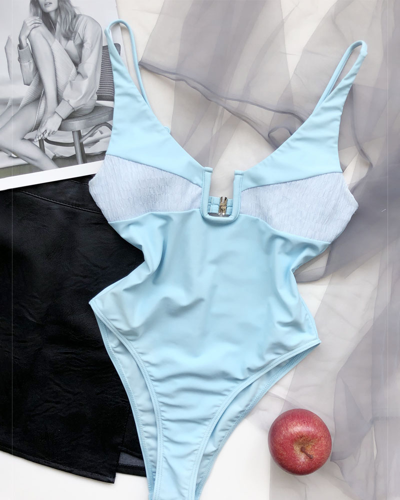 

Cutout Back Padded One-Piece Swimsuit, Lighted blue
