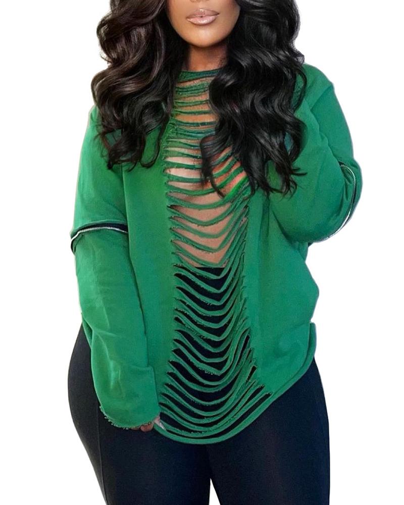 

Round Neck Ladder Cutout Long Sleeve Sweatshirt, Green