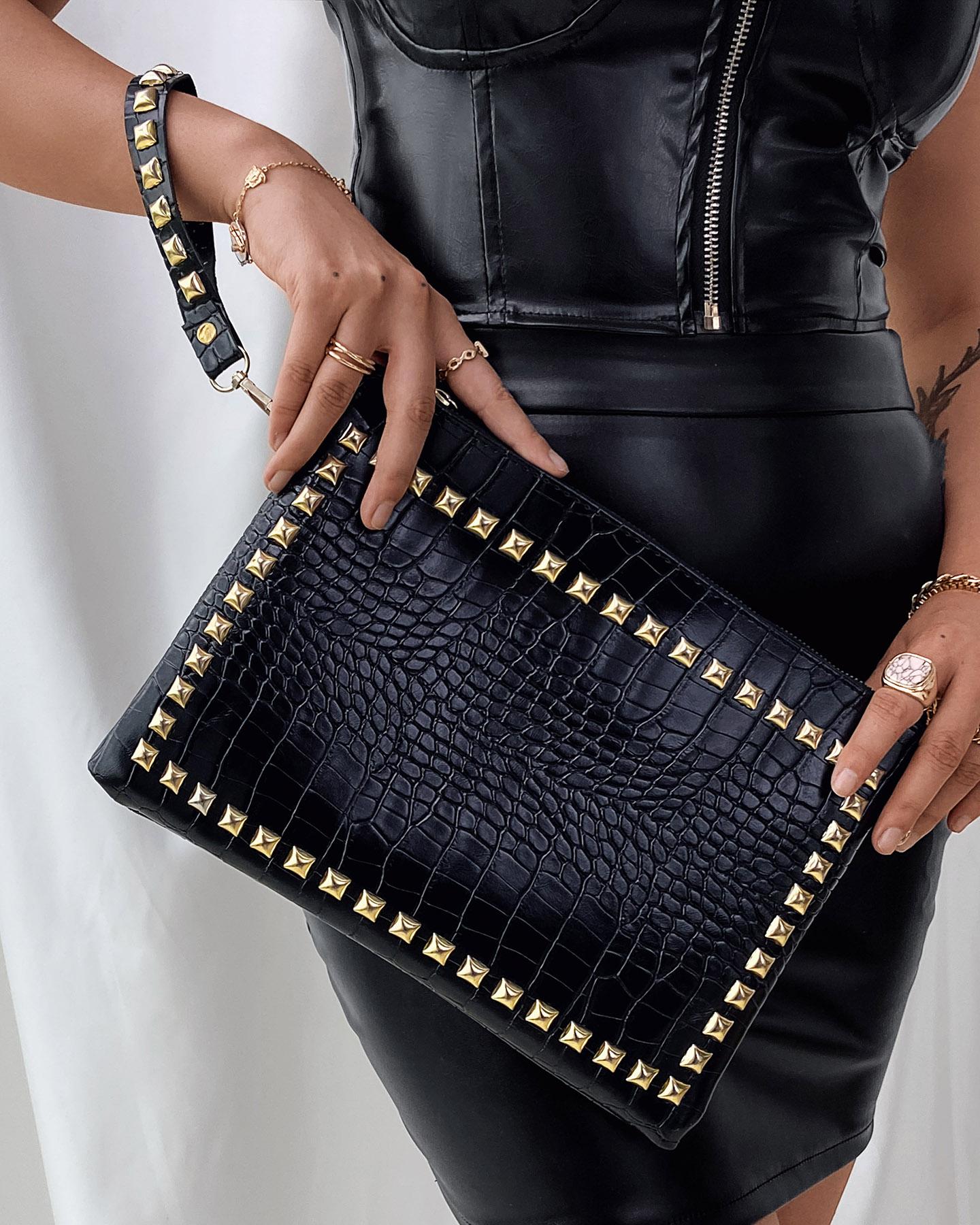 

Rivet Decor Croc Embossed Clutch Bag With Wristlet, Black