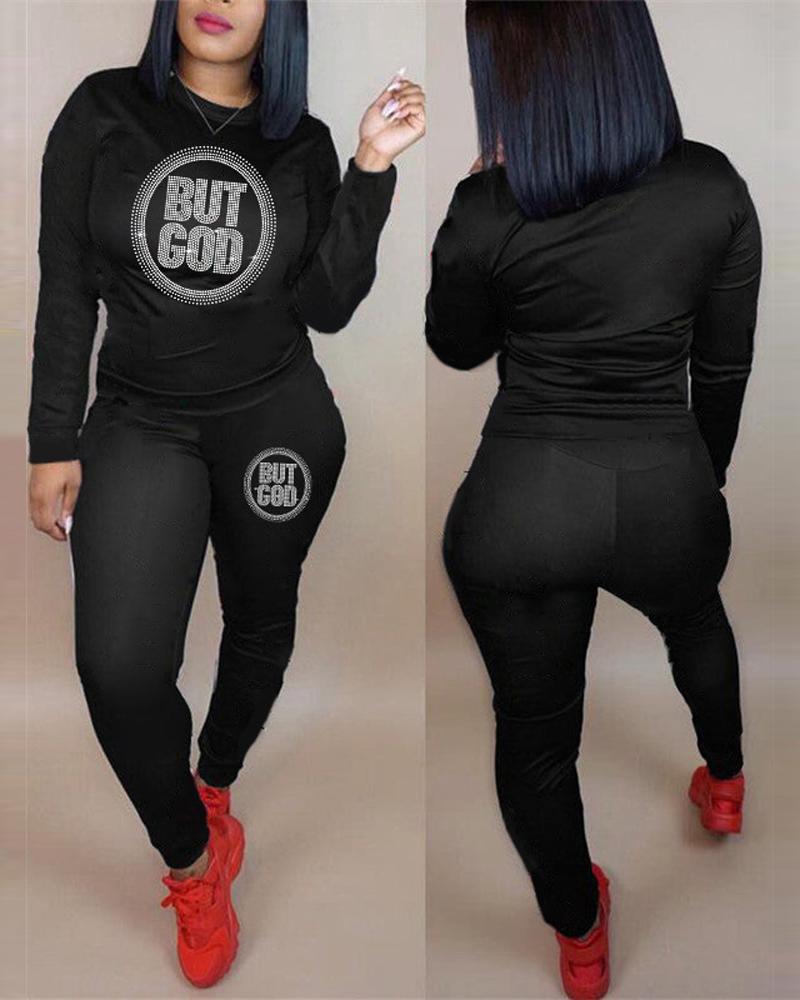 

Rhinestone Letter Pattern Long Sleeve Top & Pants Set, Black