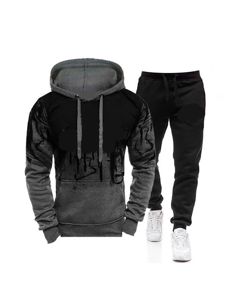 

Men Letter Pattern Colorblock Hooded Top & Pants Set, Gray