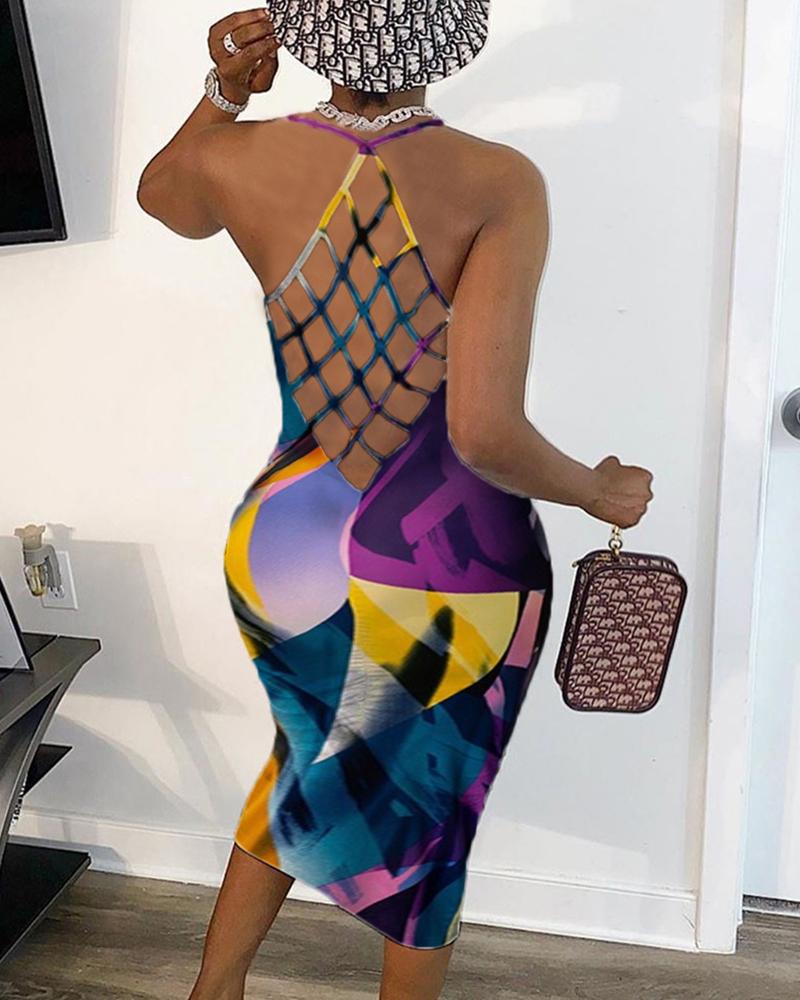 

Color Block Backless Halter Sleeveless Skinny Maxi Dress, Multicolor