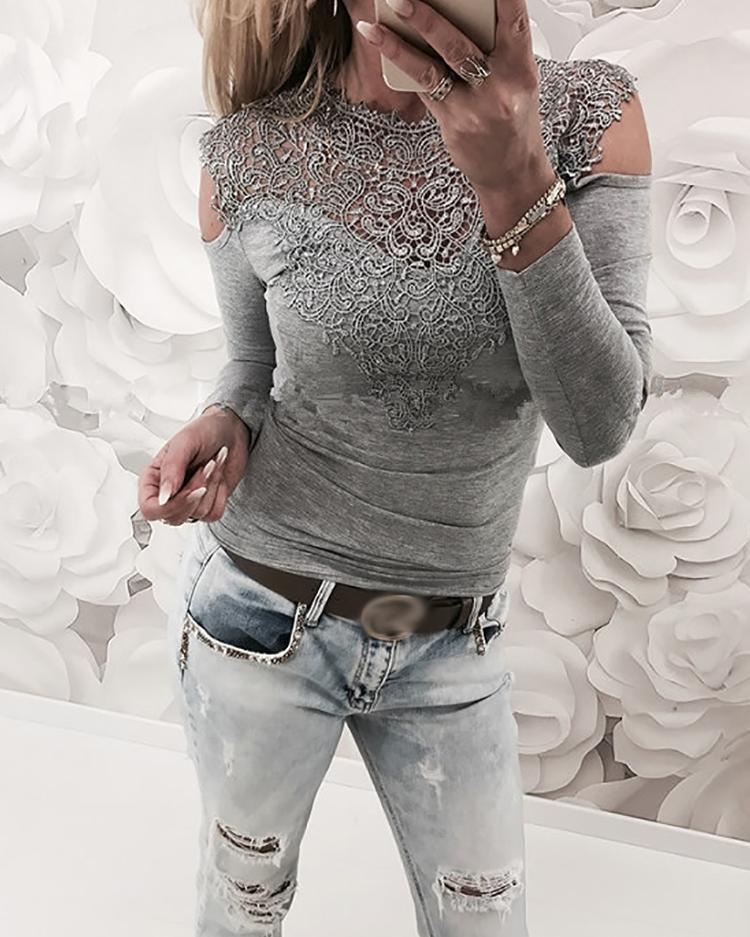 

Appliqued Lace Cold Shoulder Blouse, Gray