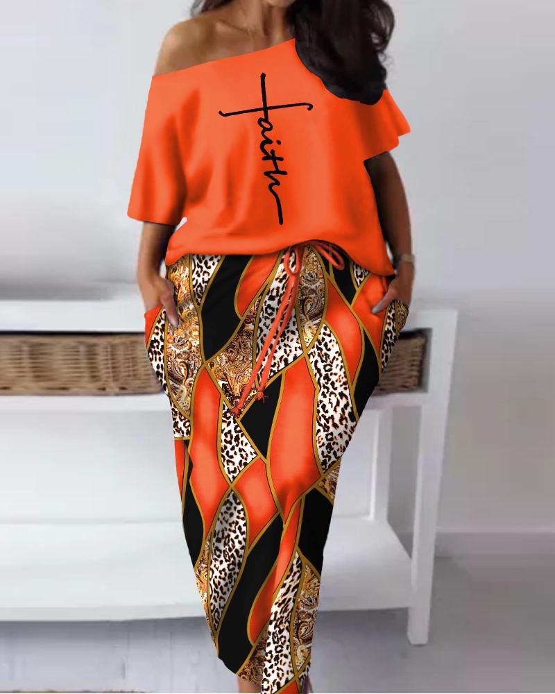 

Plus Size Faith Baroque Leopard Print Skew Neck Top & Drawstring Skirt Set, Orange