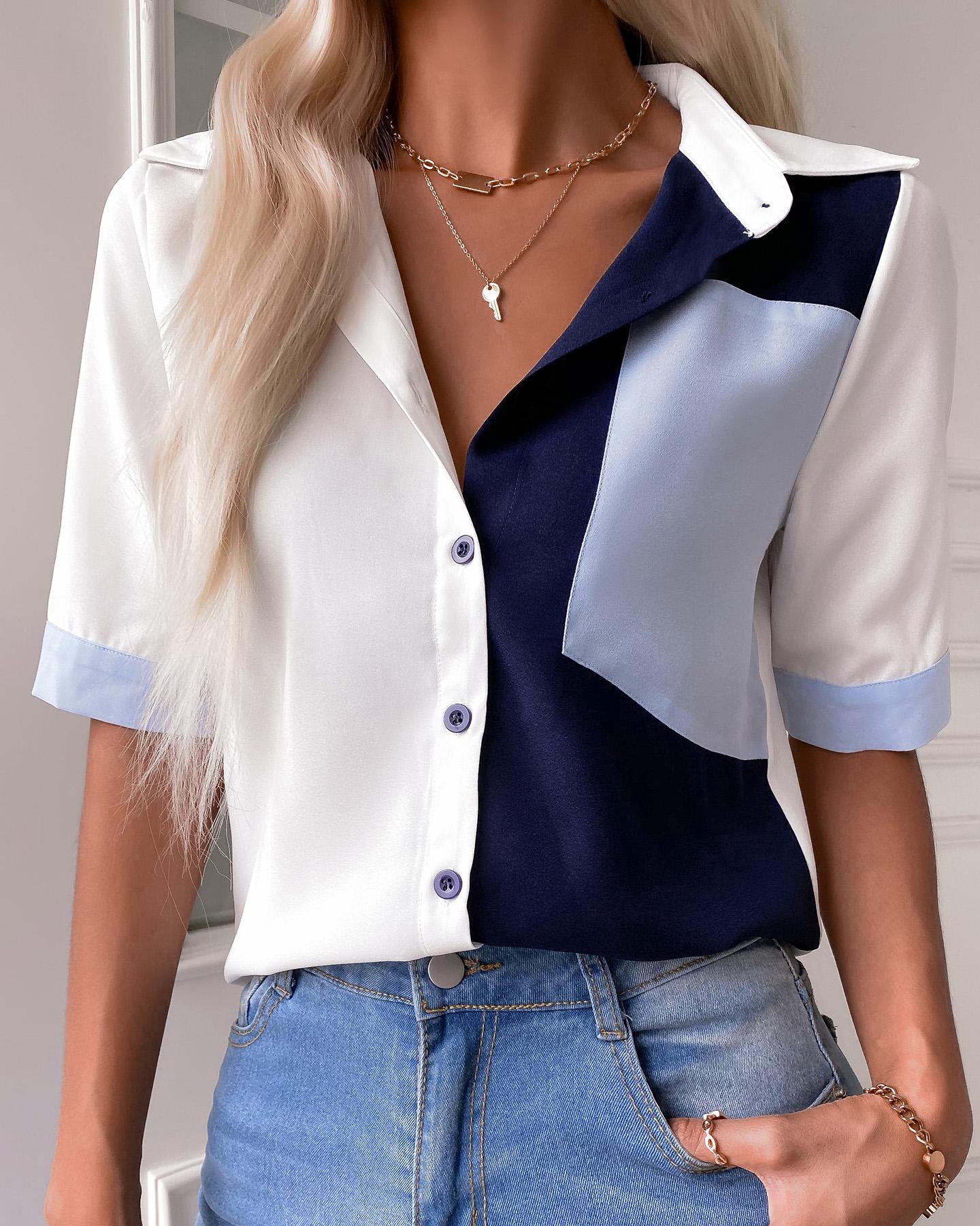 

Casual Tops Turn-down Collar Half Sleeve Colorblock Pocket Button Design Shirt, White