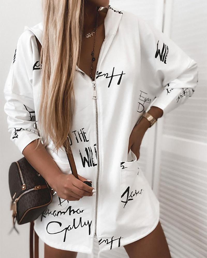 

Letter Print Zipper Design Hooded Coat, White