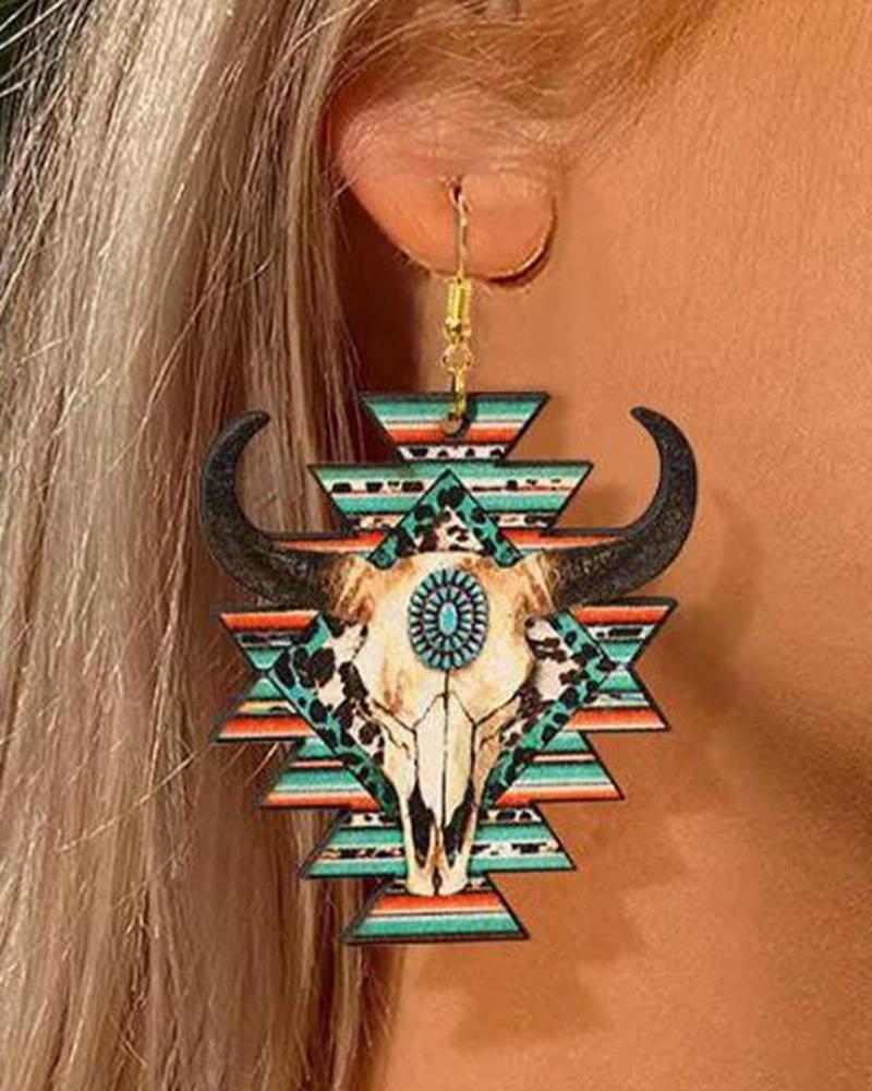 

1Pair Cowboy Style Aztec Geometric Steer Skull Leopard Earrings, Green