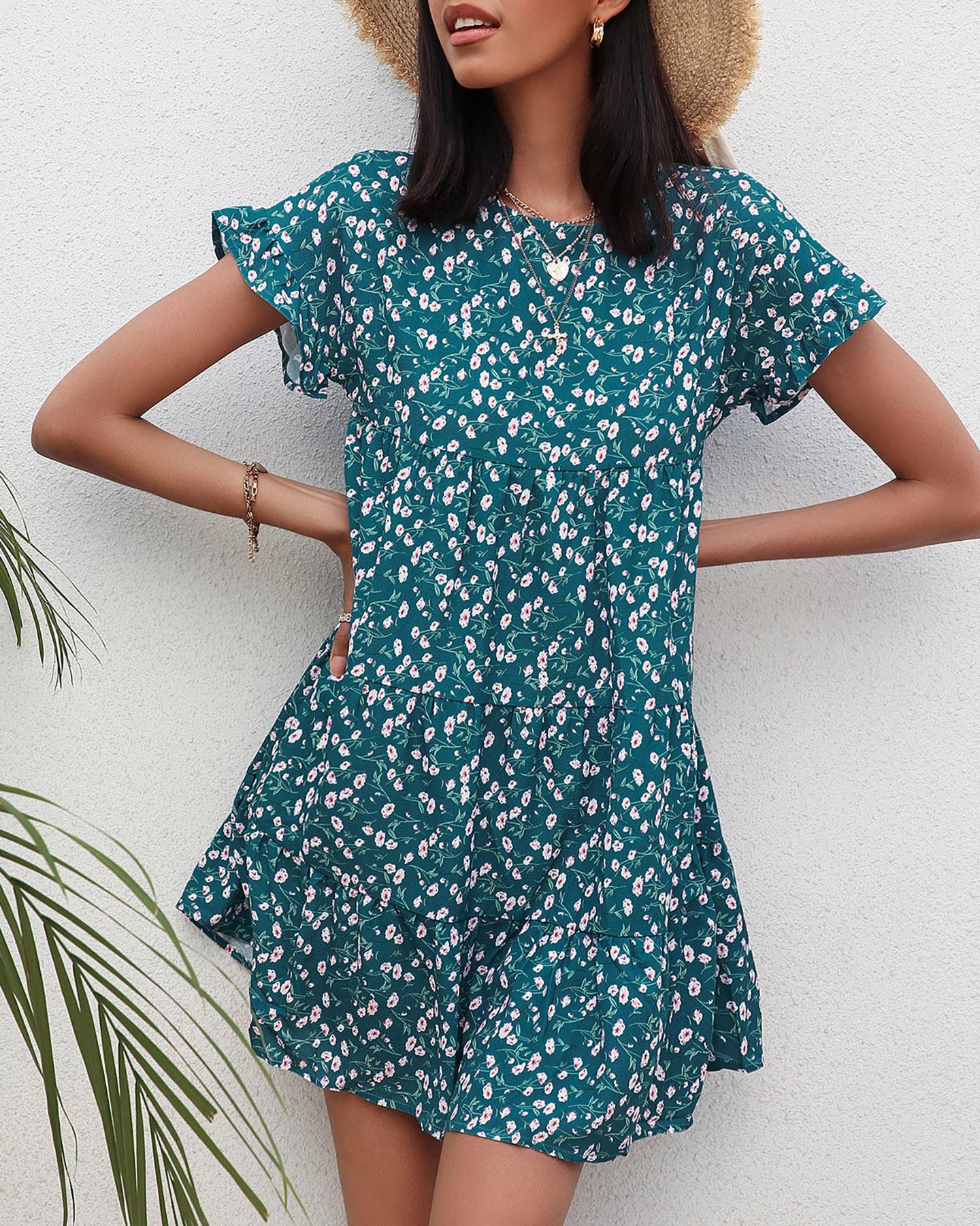 

Floral Print Ruffles Mini Dress, Dark blue