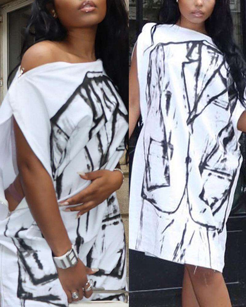 

Graphic Print Skew Neck Party Dress, White