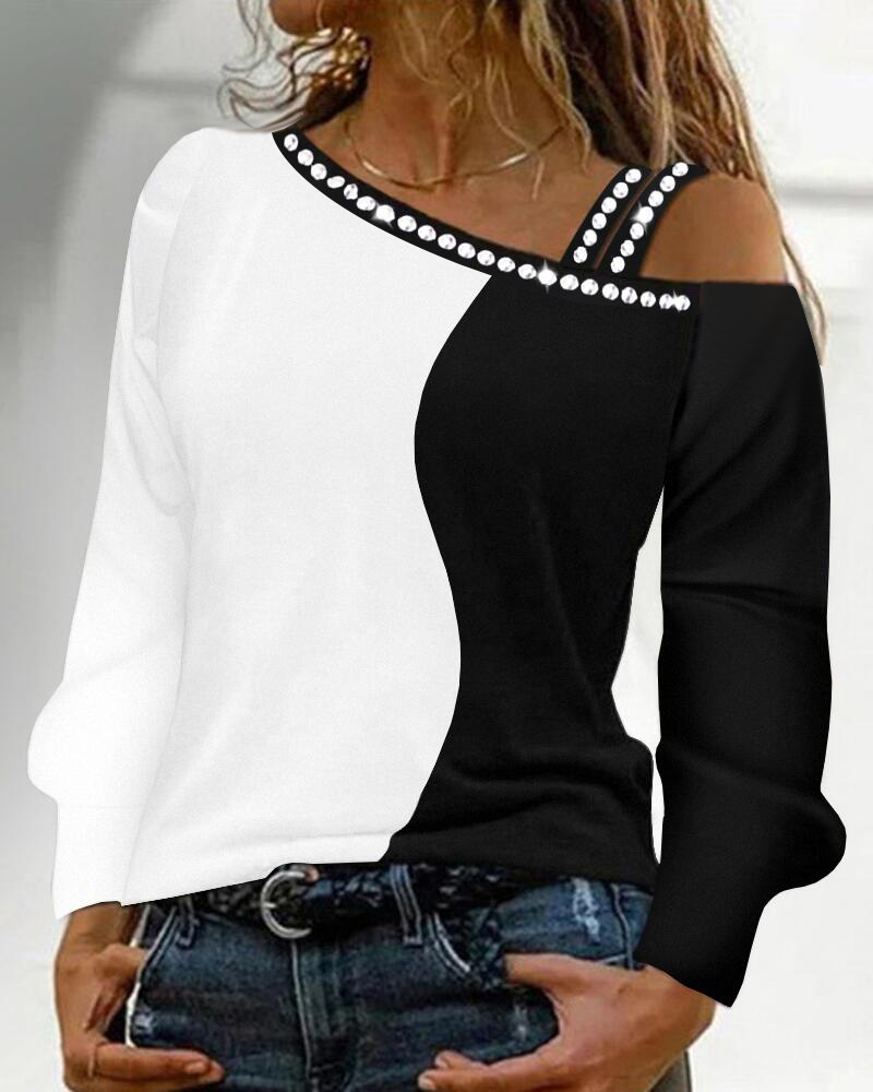 

Colorblock Rhinestone Cold Shoulder Top, Blackwhite