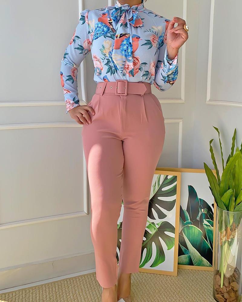 

Tied Detail Floral Print Top & Pocket Design Pants Set, Pink