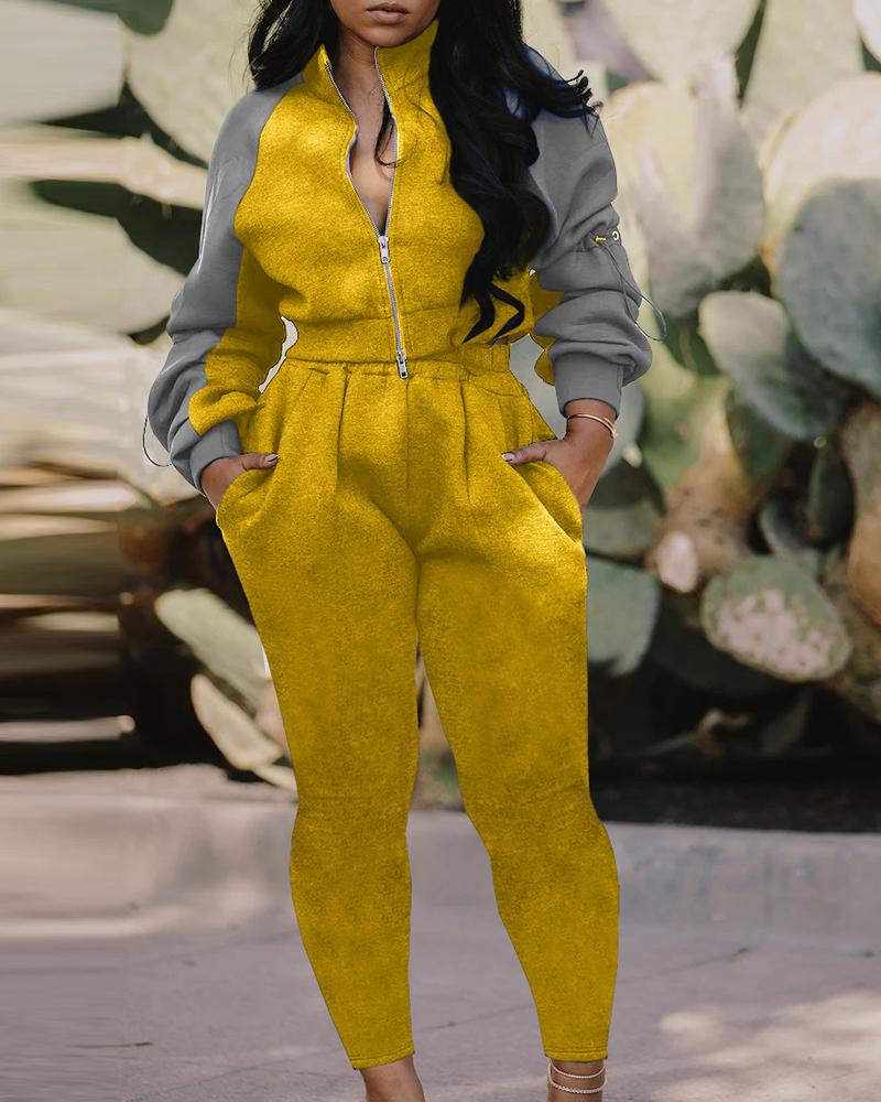 

Colorblock Zipper Design Lantern Sleeve Top & Ruched Pants Set, Yellow