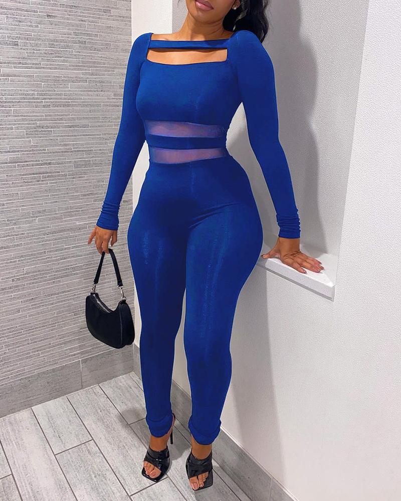 

Cutout Long Sleeve Sheer Mesh Jumpsuit, Blue