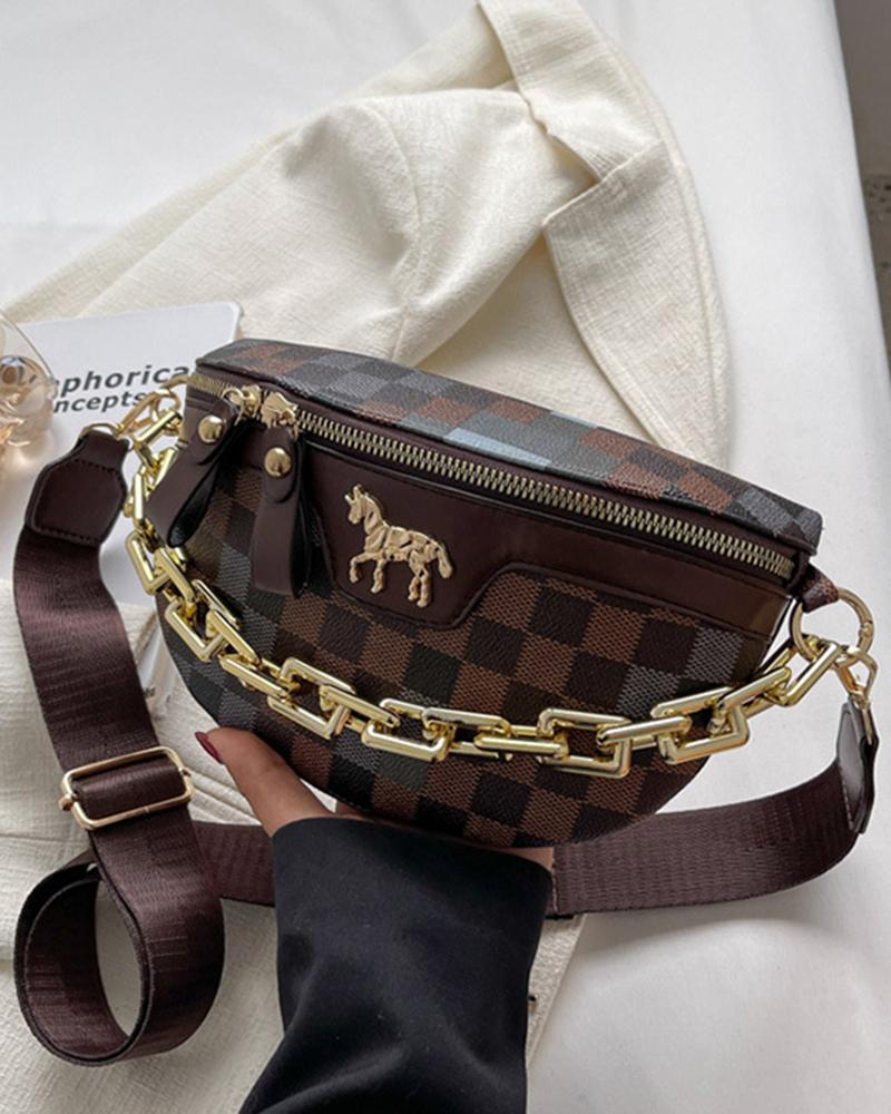 

Plaid Horse Pattern Chain Decor Shoulder Crossbody Bag, Coffee