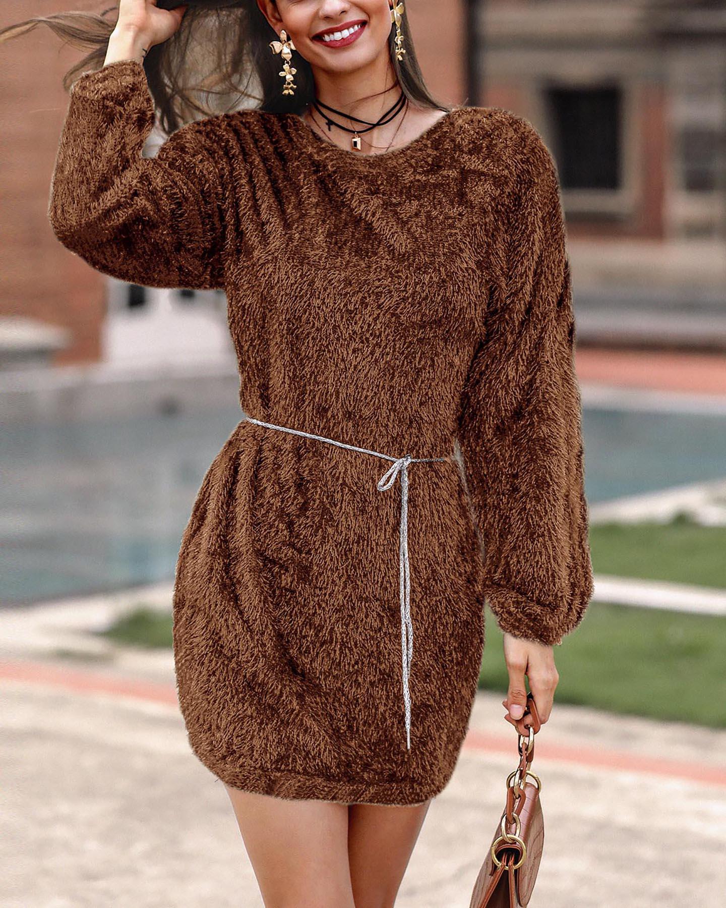 

Solid Color Medium Length Loose Knitting Sweater, Brown