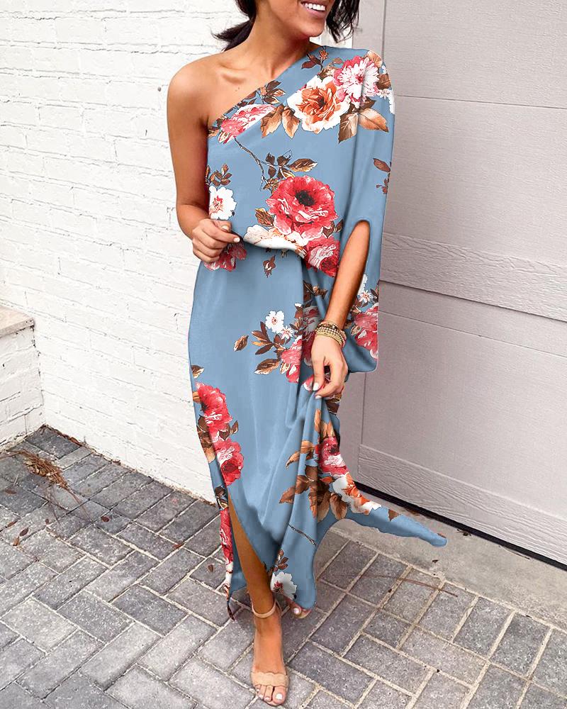 

Floral Print One Shoulder Split Hem Maxi Dress, Blue